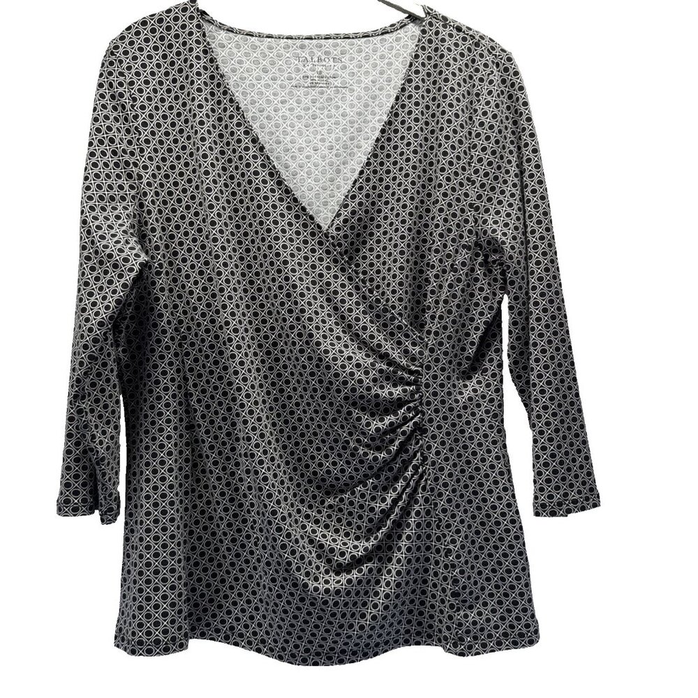 Talbots Womens Faux Wrap Top Size L Black White Long Sleeve Stretch Pullover Y2K